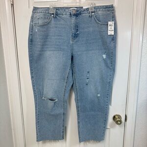 AND NOW THIS Blue Distress High Rise Mom Jeans Plus Size 20W Slim Crop Raw Hems